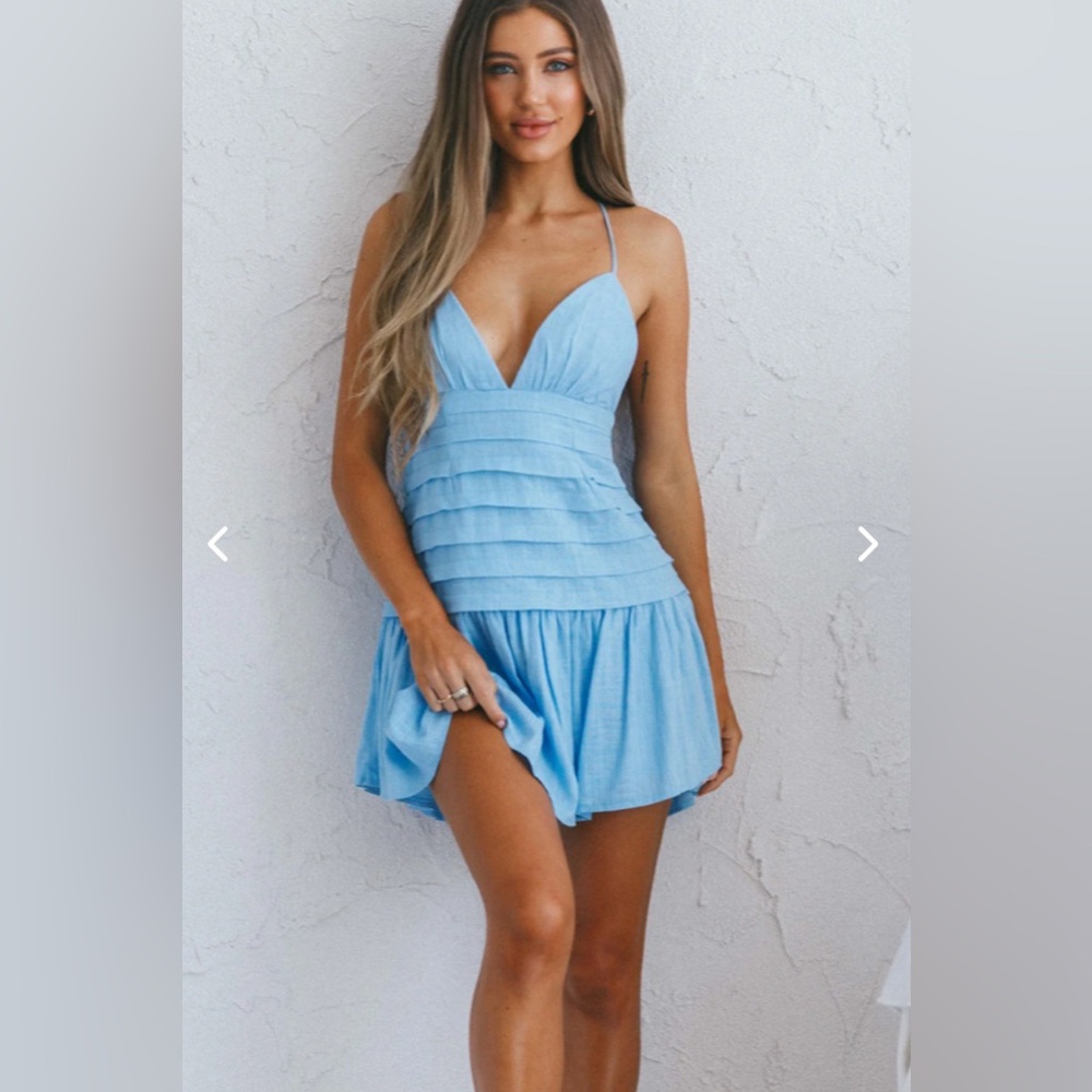 CLEAR SKIES PINTUCK PLEAT WIDE RUFFLE HEM MINI DRESS SKY BLUE, Size Small